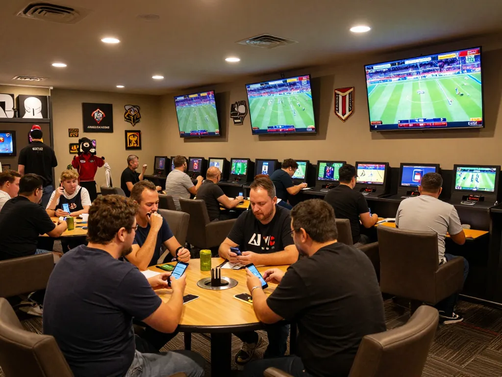 Tylekeonhacai88 showcasing a lively sports betting area with fans placing bets and watching live events.