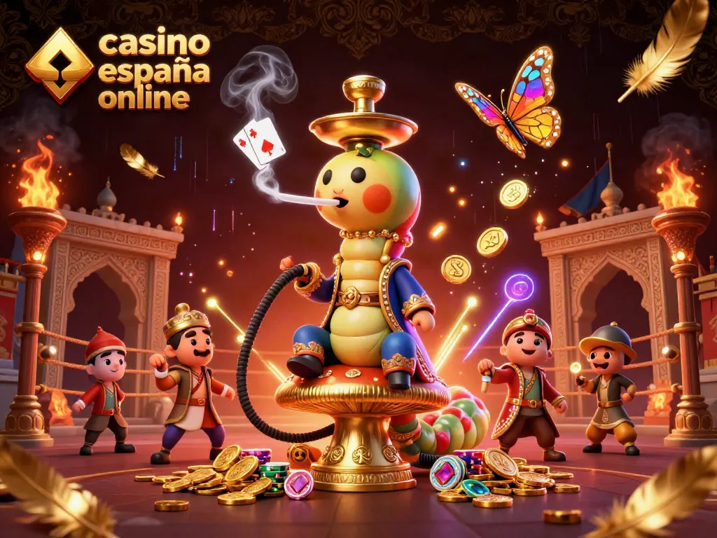 Juega en casino españa online con un maestro hookah enorme y símbolos de póker en un entorno vibrante.