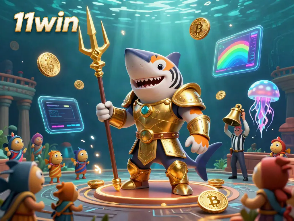 Experience the thrilling underwater colosseum of 11win with a battling shark, coins, and vibrant elements.