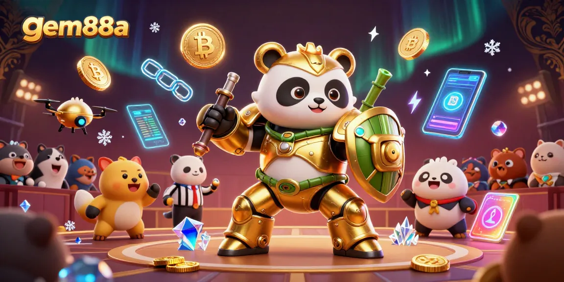 Experience thrilling gaming with gem88a's vibrant, animated scene featuring a mech-suit panda and crypto elements.