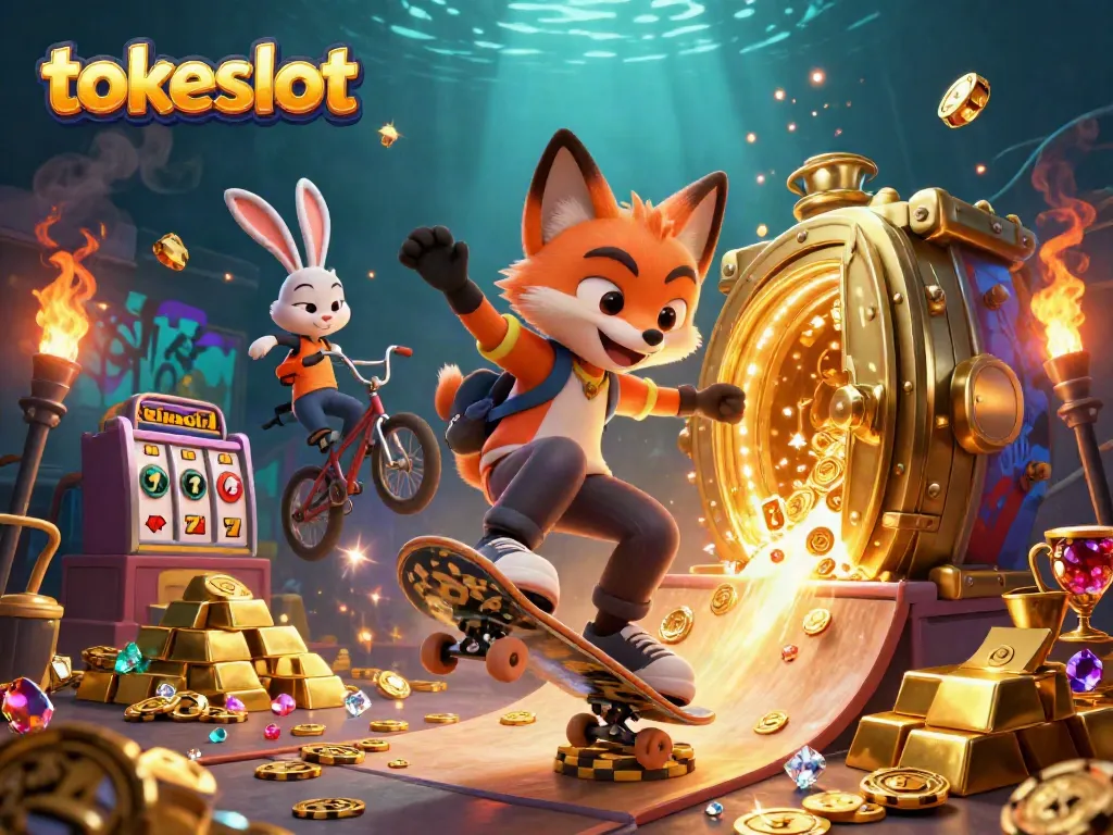 Tokeslot menghadirkan pengalaman bermain game slot online dengan simbol keberuntungan dan harta karun dalam ilustrasi 3D yang memukau.