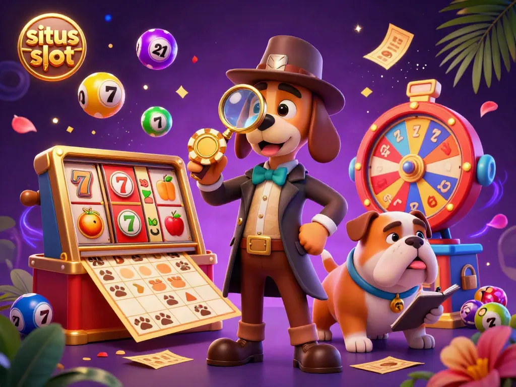 Situs slot cartoon scene with a detective dog examining a poker chip, surrounded by slot game elements.