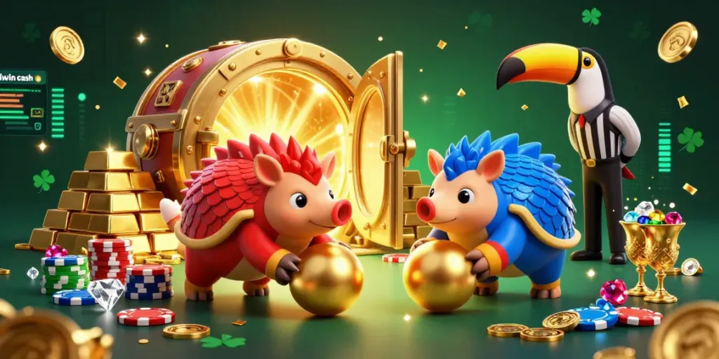 Experience llwin cash action with rival pangolins bowling through poker chips in a vibrant 3D scene.