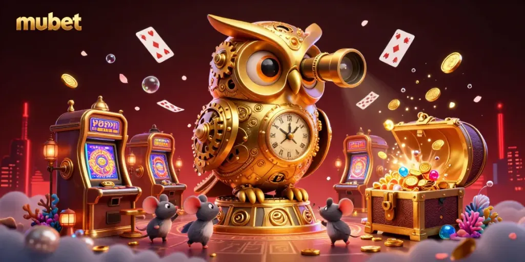 Play thrilling casino games at mubet in a vibrant scene with an owl and whimsical mouse patrons.