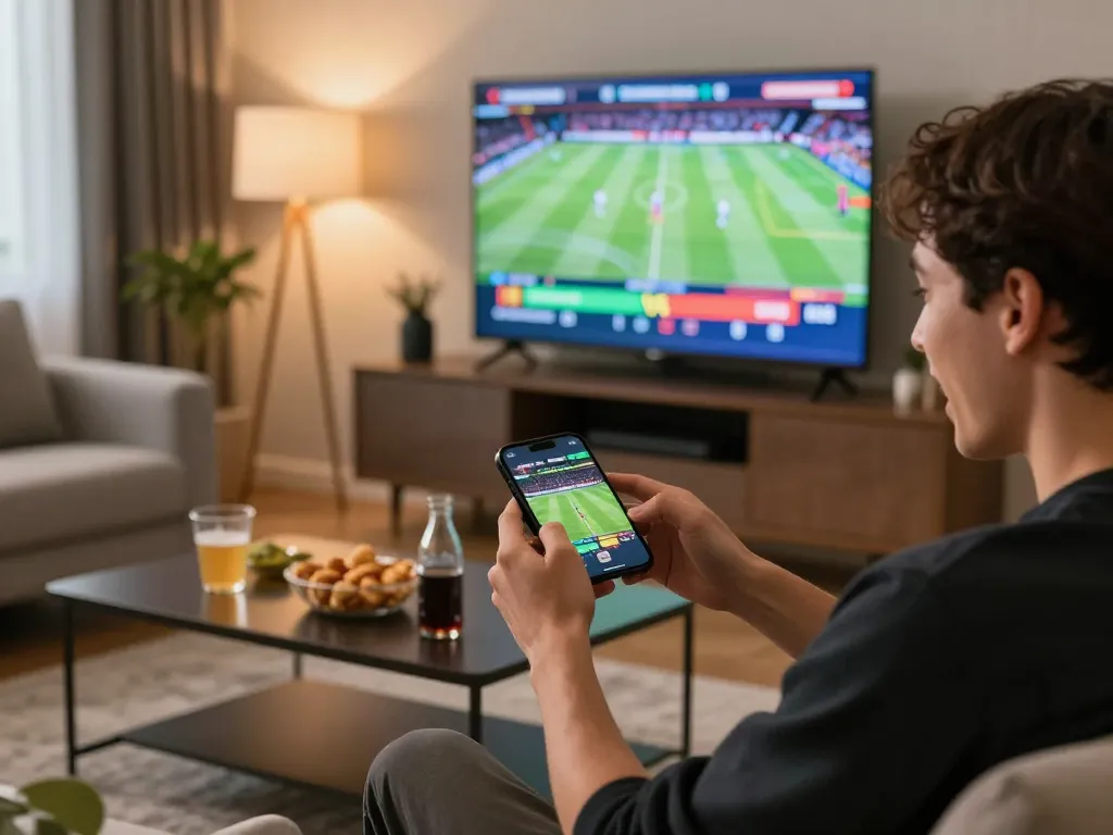Sunwin user placing live sports bets with smartphone in a lively home setting.