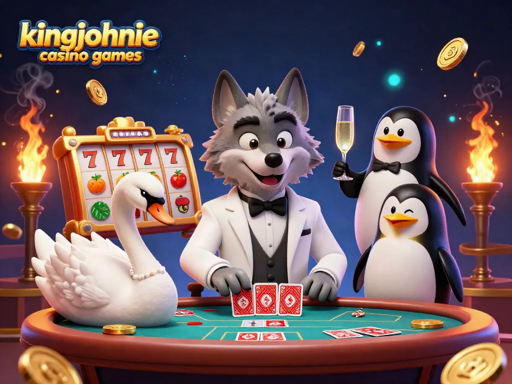 Experience thrilling kingjohnnie casino games with fun characters like a stylish wolf and elegant swan.