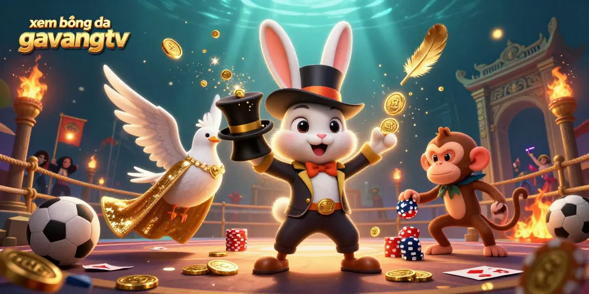 Join the excitement of xem bóng đá gavangtv with a magical scene of a rabbit, dove, and monkey among sports elements.