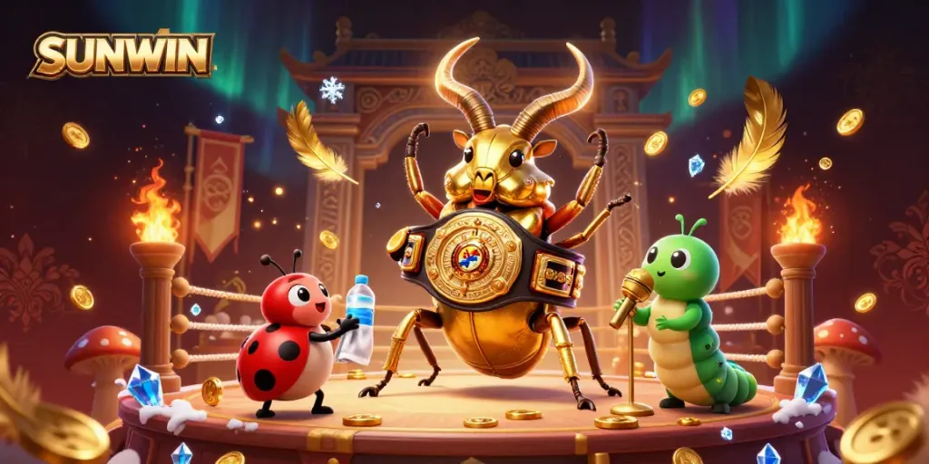 SUNWIN's vibrant gaming scene showcases a golden stag beetle champion in a boxing ring, amidst dynamic casino elements.