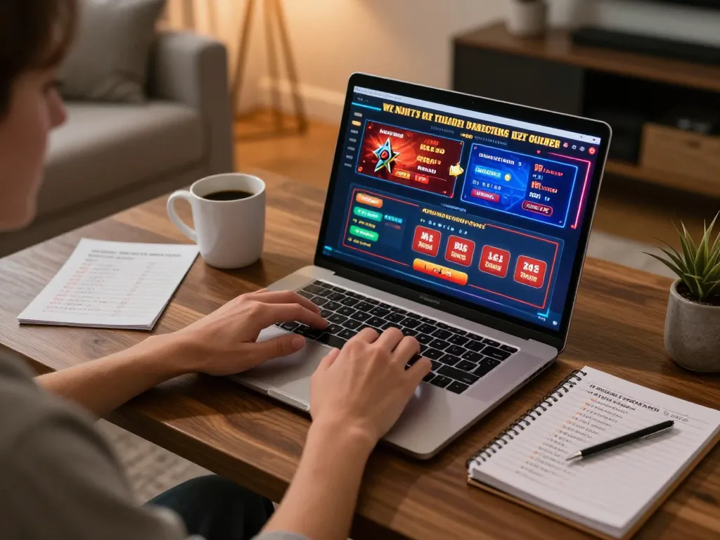 KJC online gaming session with player using laptop for strategic bets, cozy home environment