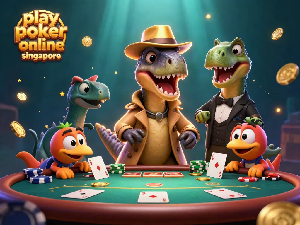 Play poker online Singapore as a cartoon velociraptor cashing in chips at a vibrant poker table.