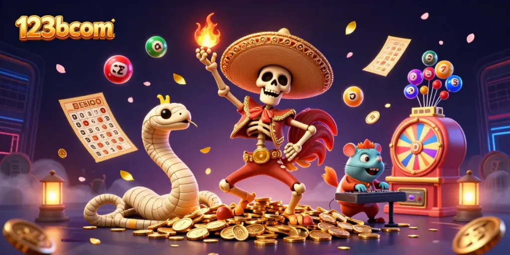 Experience the excitement of 123bcom with a vibrant 3D digital scene showcasing a mariachi rooster and gaming elements.