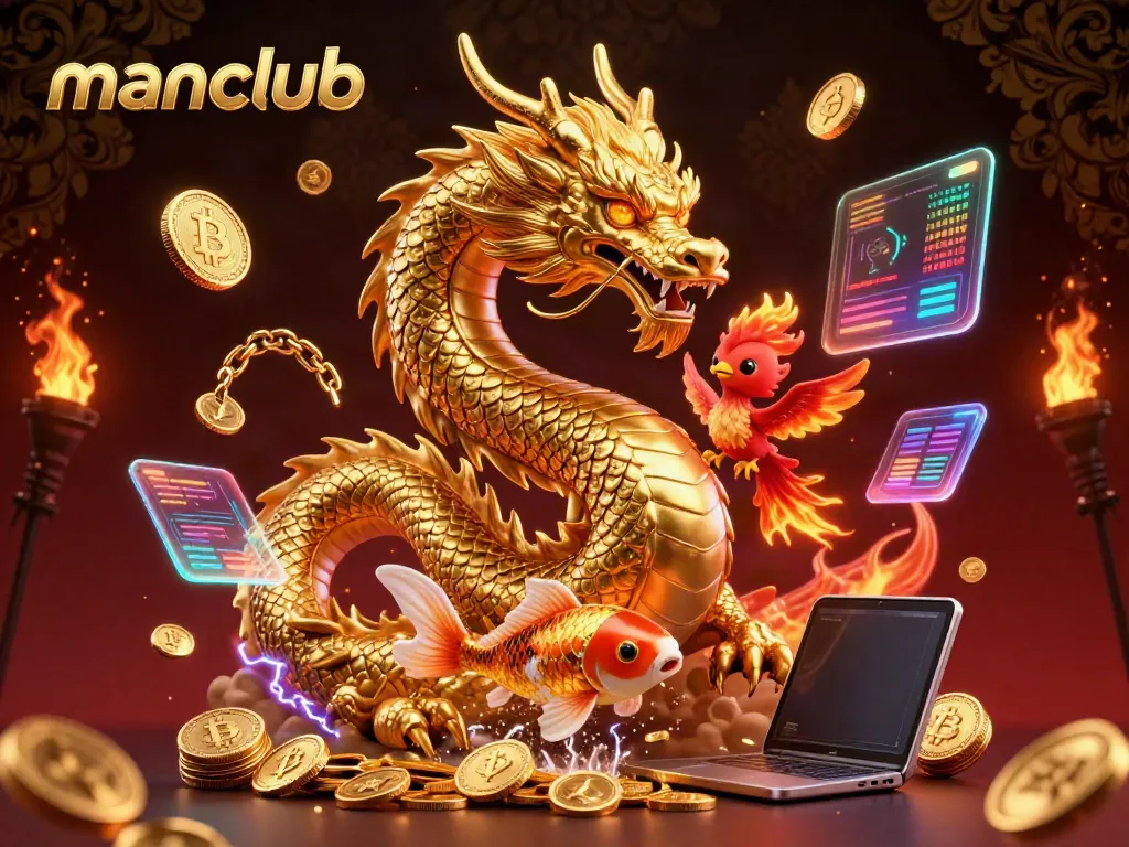 Experience thrilling wins at manclub with a fantasy scene featuring a golden dragon, phoenix, and koi fish among floating crypto coins.