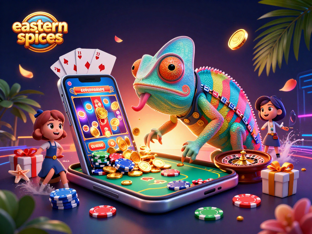 Experience thrilling slots at easternspices with a vibrant 3D casino chameleon collecting golden coins!
