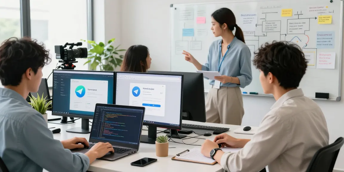Collaborative workspace scene depicting Telegram下载 usage among professionals in a modern office