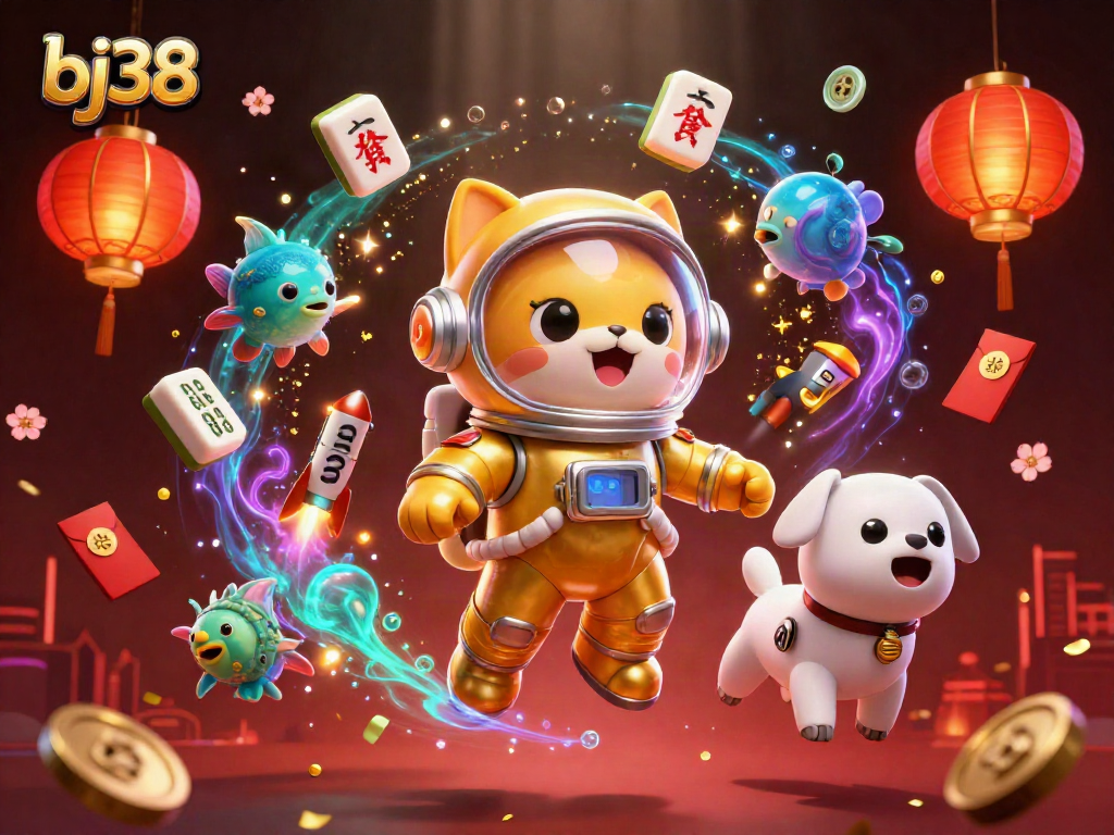 Experience the excitement of bj38 with a floating space cat and animated casino elements in a vibrant cosmic scene.