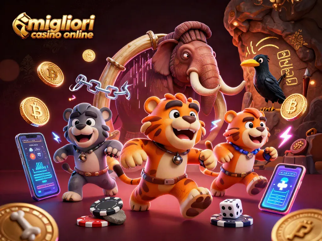 Scopri i migliori casino online con un'illustrazione vivace che rappresenta un vivace casinò preistorico tra scommesse