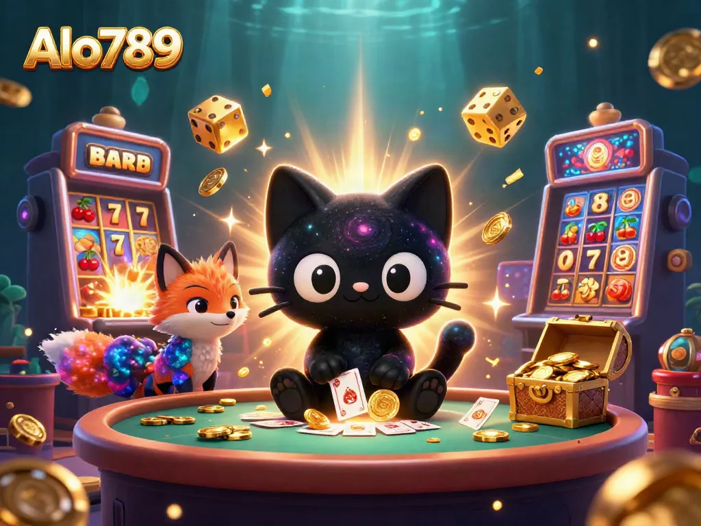 Experience the excitement of Alo789 casino with a cosmic scene featuring a black hole cat and nebula fox.