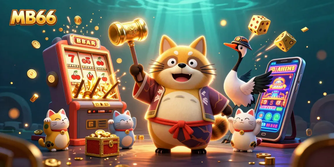 Win big at MB66 with 3D cheerful characters celebrating a massive slot jackpot amidst casino-themed excitement.