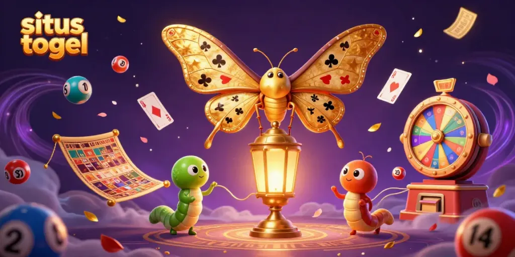 Engage in situs togel with vibrant 3D casino elements, featuring a golden atlas moth and dynamic game components.