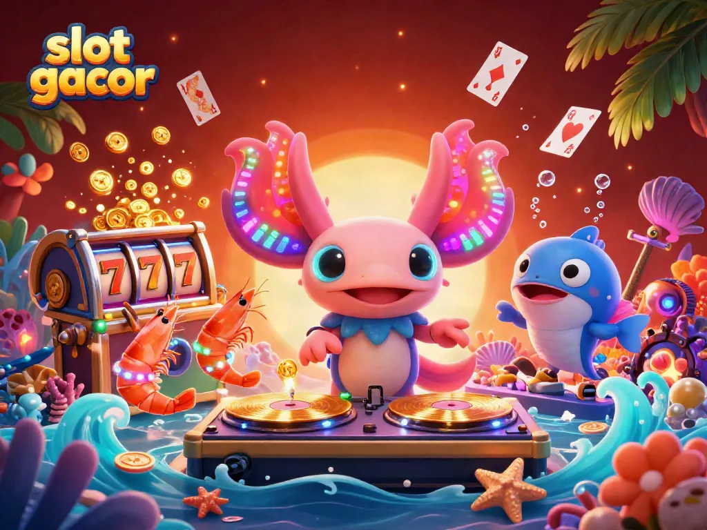 Engage in slot gacor action with a vibrant axolotl DJ scene surrounded by treasures and gameplay.