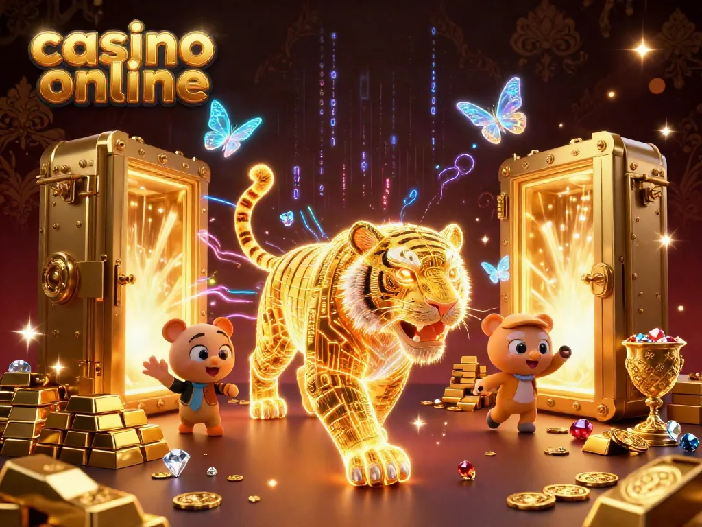 Disfruta de un casino online vibrante con un tigre de luz y tesoros brillantes.