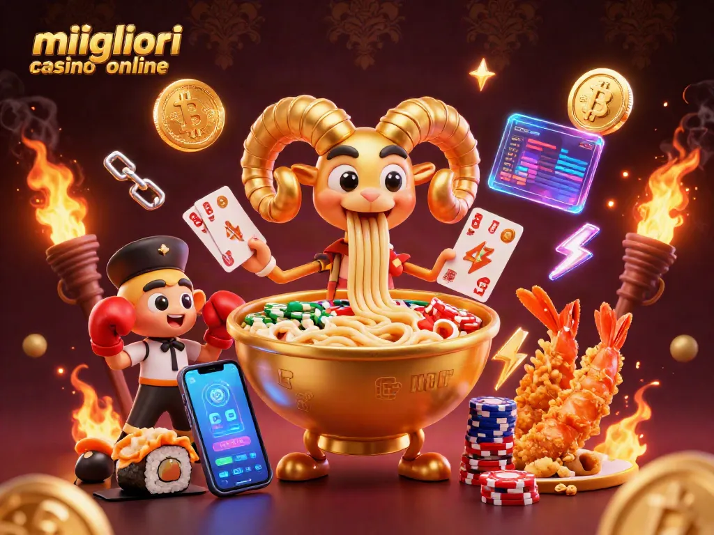 Scopri i migliori casino online mentre un enorme ramen distribuisce carte e fiches, ambientato in un'atmosfera di gioco vibrante.