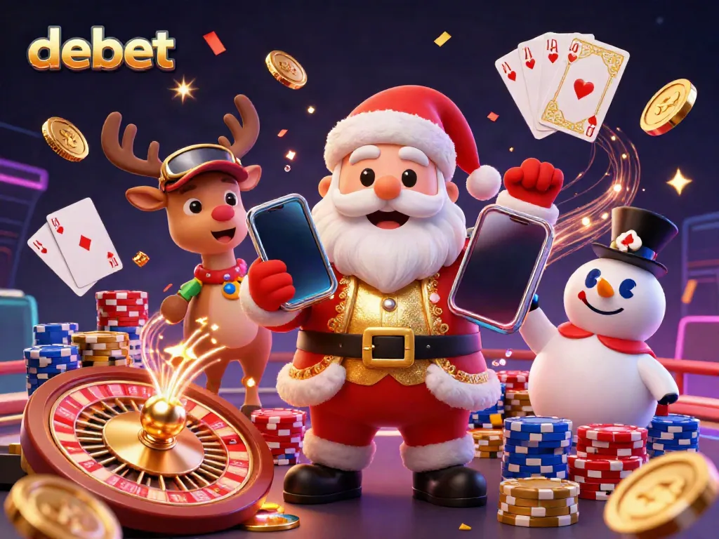Experience the excitement of debet with Santa and friends in a vibrant casino scene filled with action.
