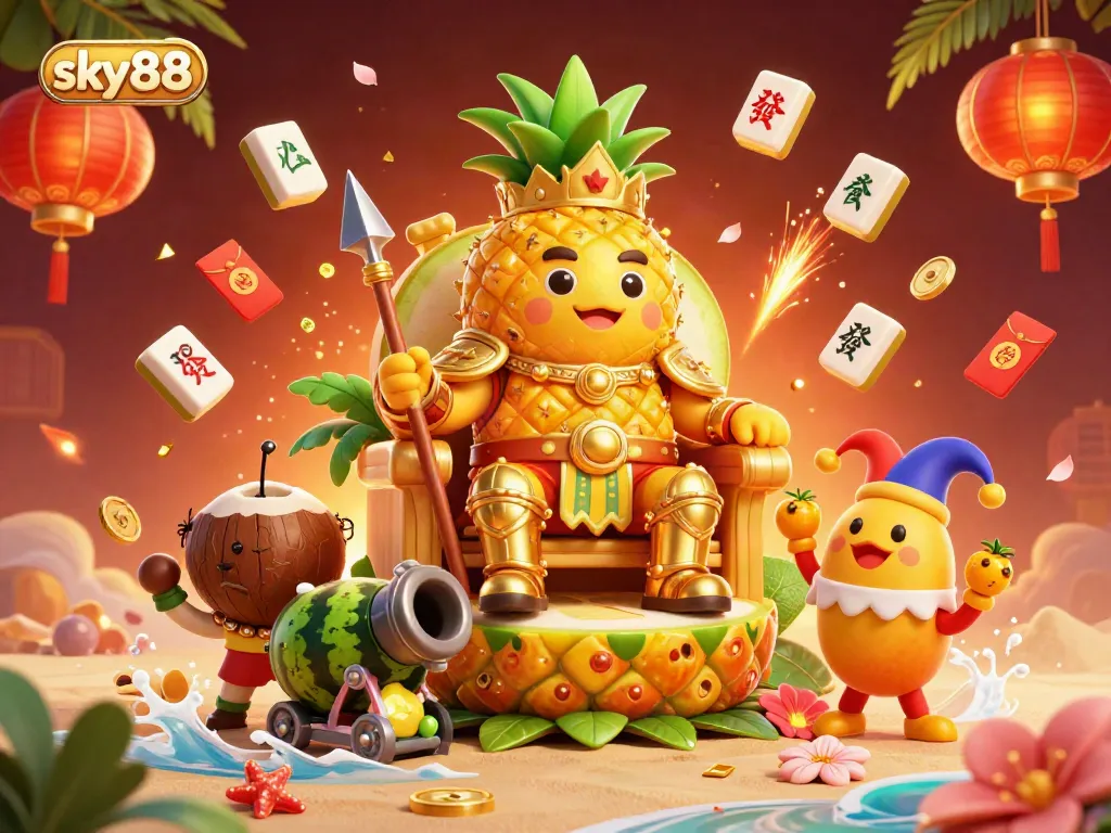 Join the vibrant adventure at sky88, where the golden pineapple king reigns in a lively casino setting.