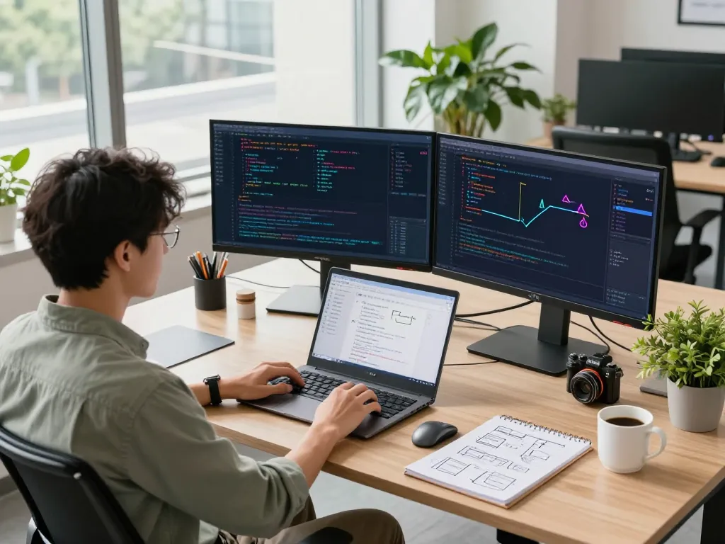 Developer optimizing 快连 network performance in a modern workspace with multiple screens and natural light.