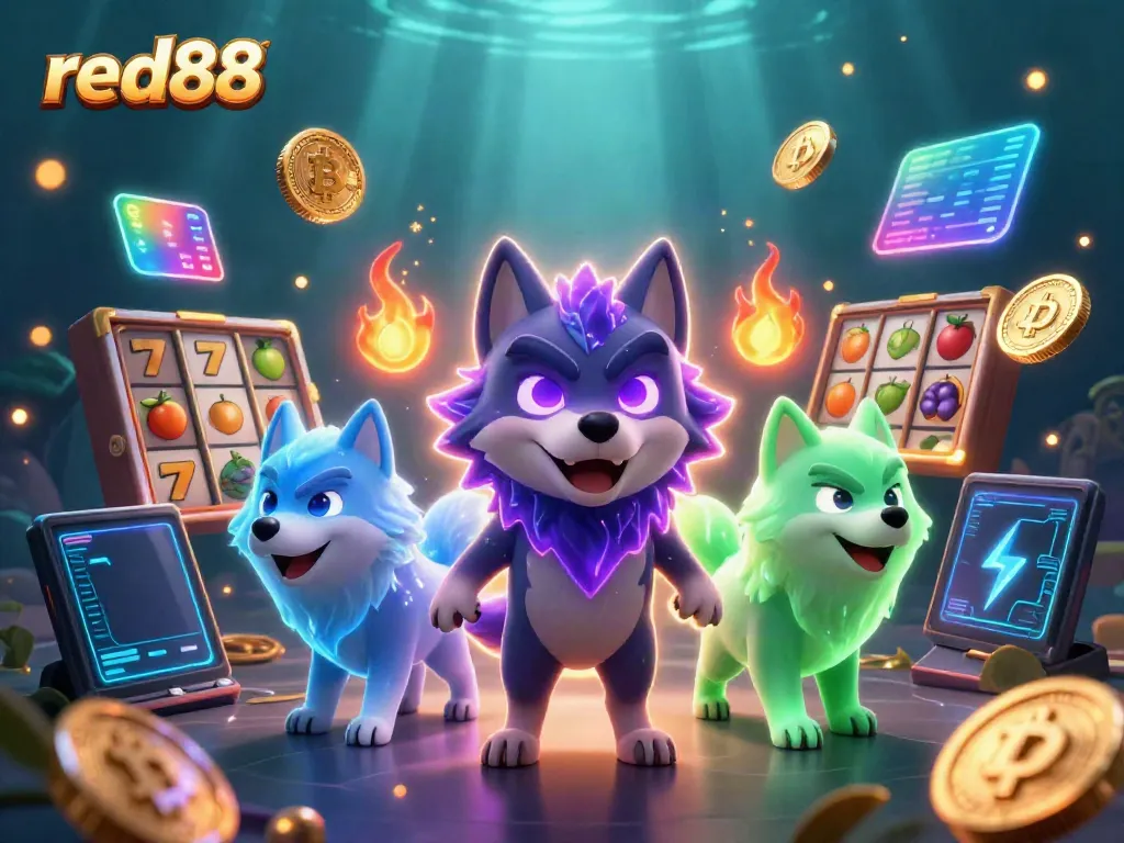 Engage in thrilling casino gameplay with red88 surrounded by vibrant slot character elements and crypto symbols.