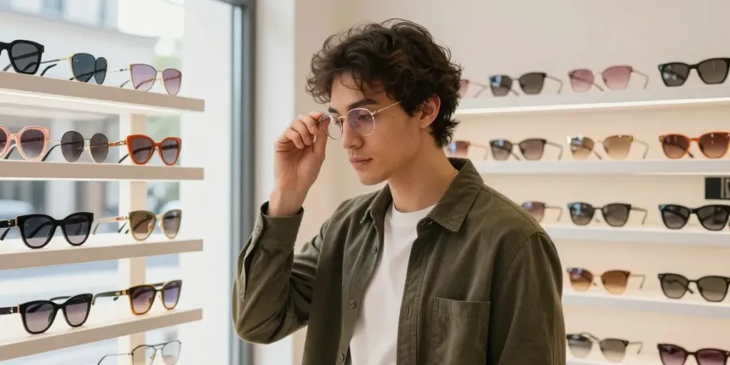 Stylish person selecting oculos de grau in a bright optical store.