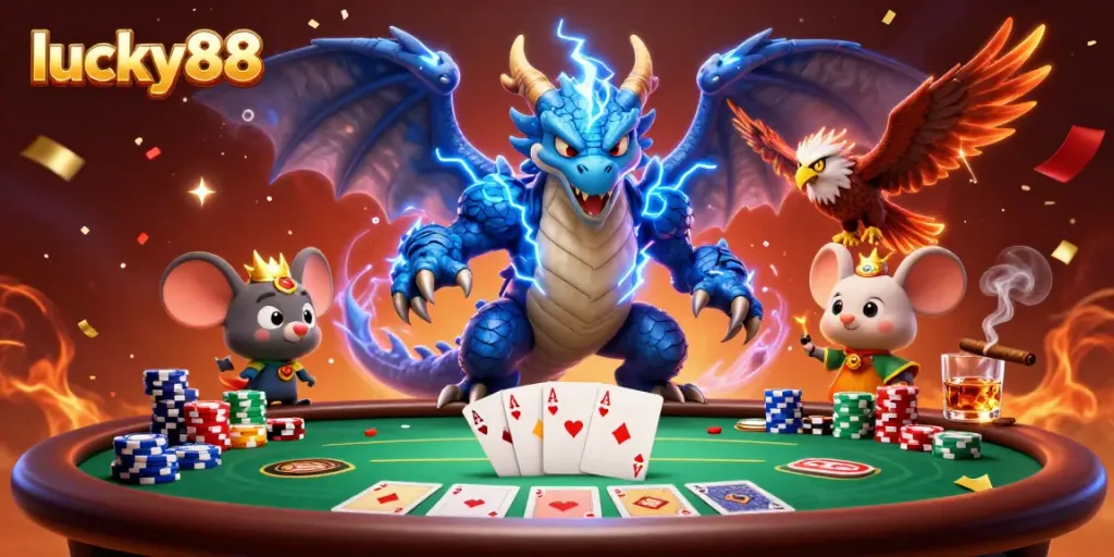 Experience intense gaming action with the lucky88 dragon and poker scene filled with excitement.