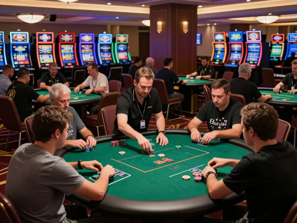 rokok88 poker players engaged in competitive action at a lively casino table.