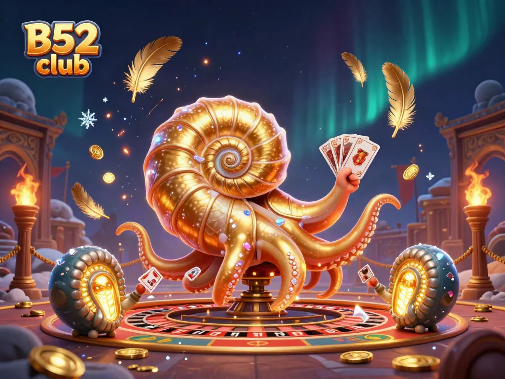 Engaging scene illustrating B52 club with a giant nautilus roulette wheel and glowing ammonites.