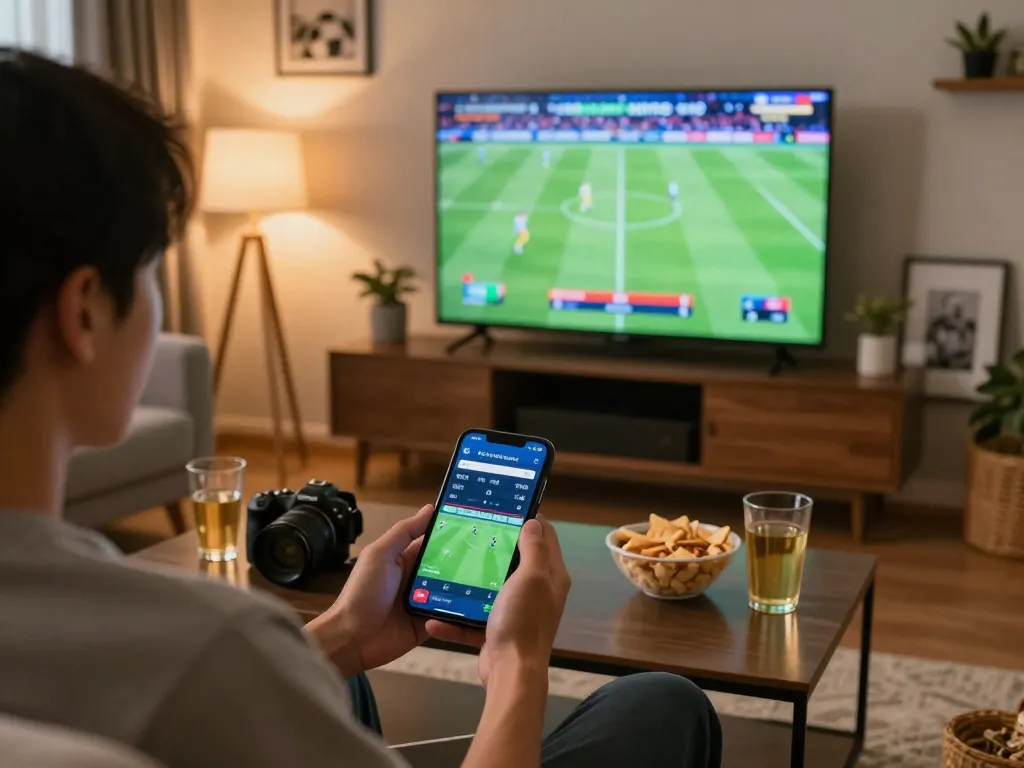 Person engaging with keo nha cai hom nay app while watching live football match, showcasing sports betting excitement