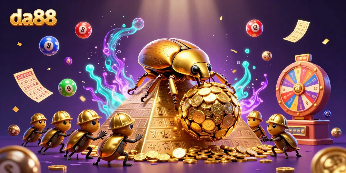Join the da88 journey with vibrant lottery elements and gold treasures in this 3D casino scene.