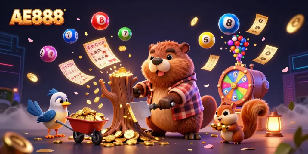 Experience gaming excitement with AE888's vibrant characters interacting amid a dynamic casino scene.