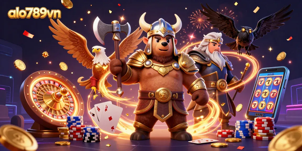 A thrilling capture of alo789vn's Viking bear and Valkyrie eagle amidst exciting casino action and gold coins