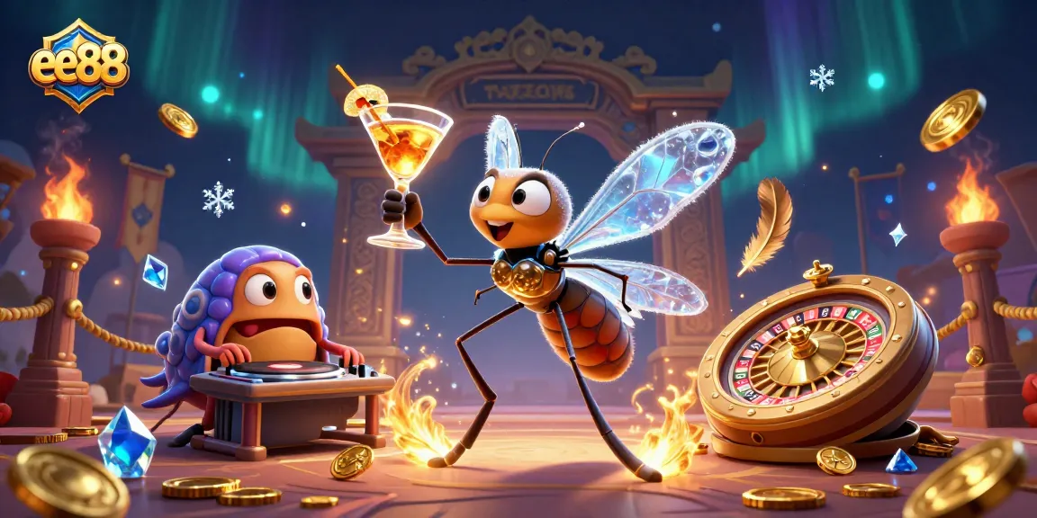 ee88 casino mascot celebrates with golden cocktail in dynamic 3D scene.
