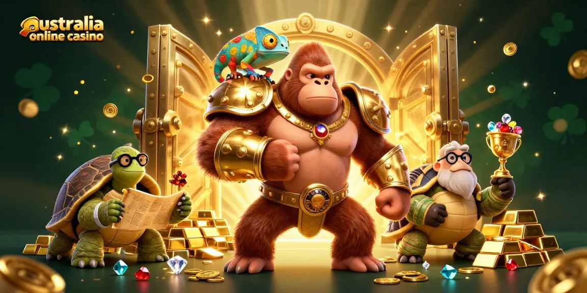 Experience the excitement of australia online casino with a powerful gorilla king amidst treasures and game elements.