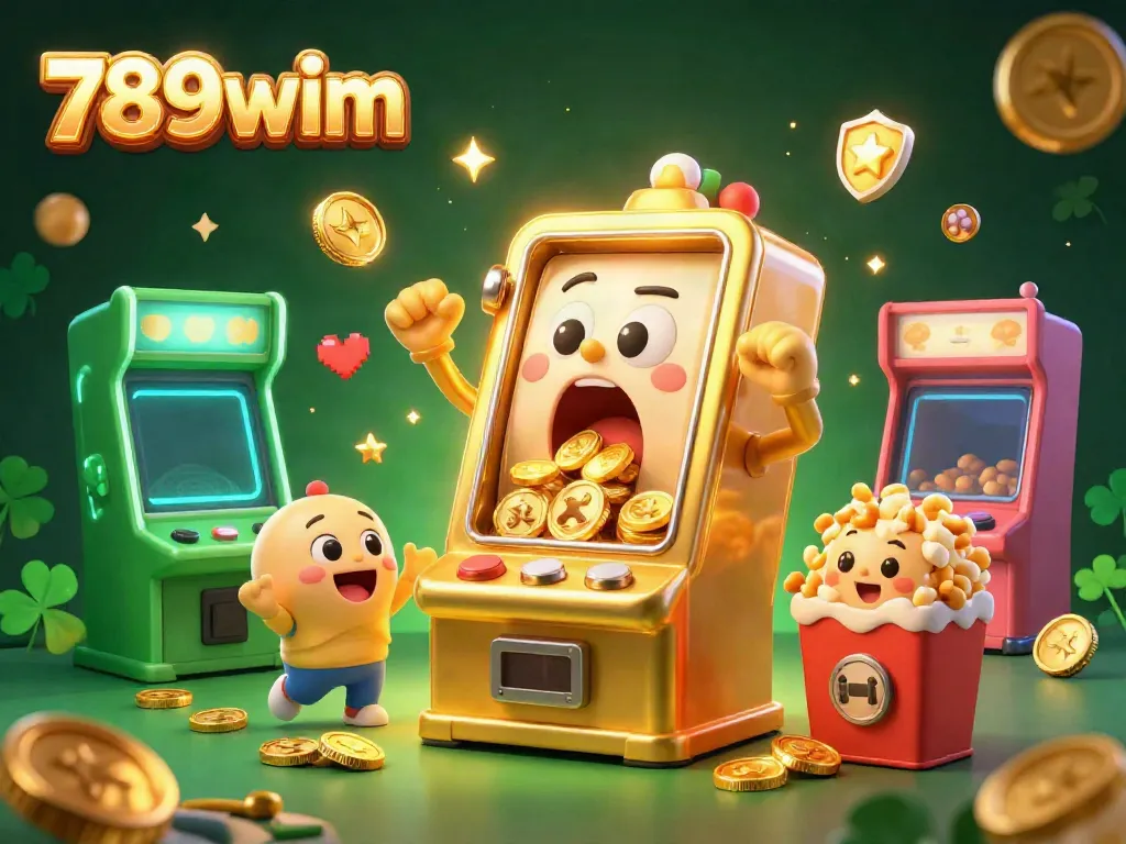 Experience the excitement of 789wim with a lively scene of a golden slot machine celebrating a jackpot.