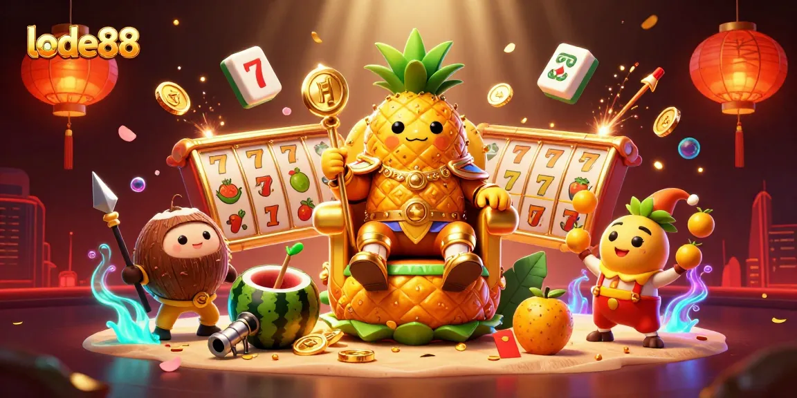Engage with lode88's vibrant casino scene featuring the golden pineapple king and dynamic gambling elements.
