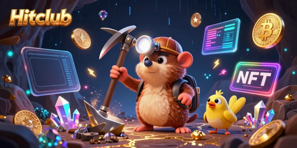 Hitclub treasure hunter exploring a cave filled with treasures and crypto elements in a vibrant casino-themed illustration.