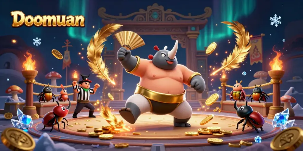 Doomuan's thrilling online betting arena showcasing a beetle sumo match with coins flying.