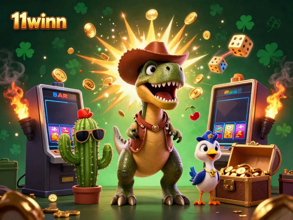 Engage in thrilling games at 11winn with the T-Rex cowboy and casino symbols.