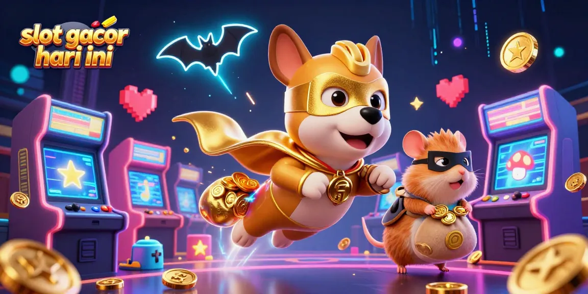 Engage with slot gacor hari ini through a vibrant 3D illustration of a superhero dog and dynamic gaming elements.