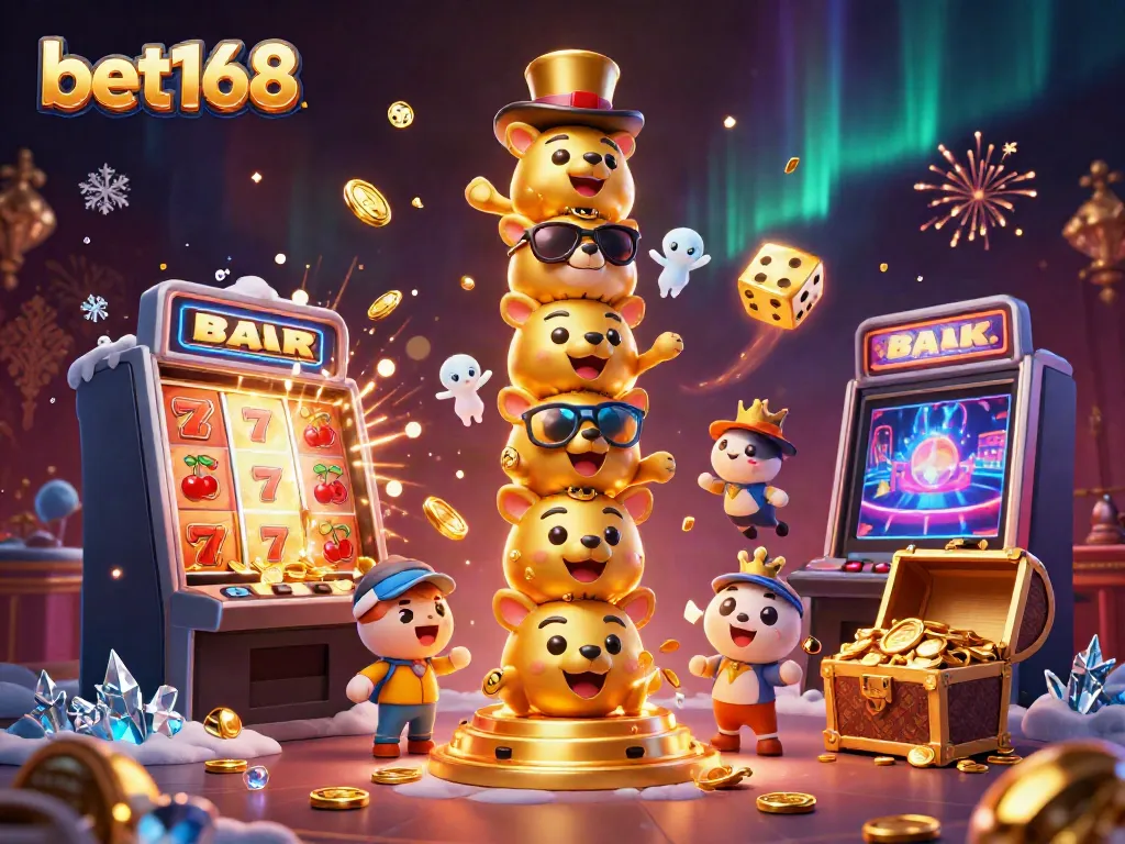 Spin the slots with bet168 while surrounded by vibrant casino elements and golden treasures.