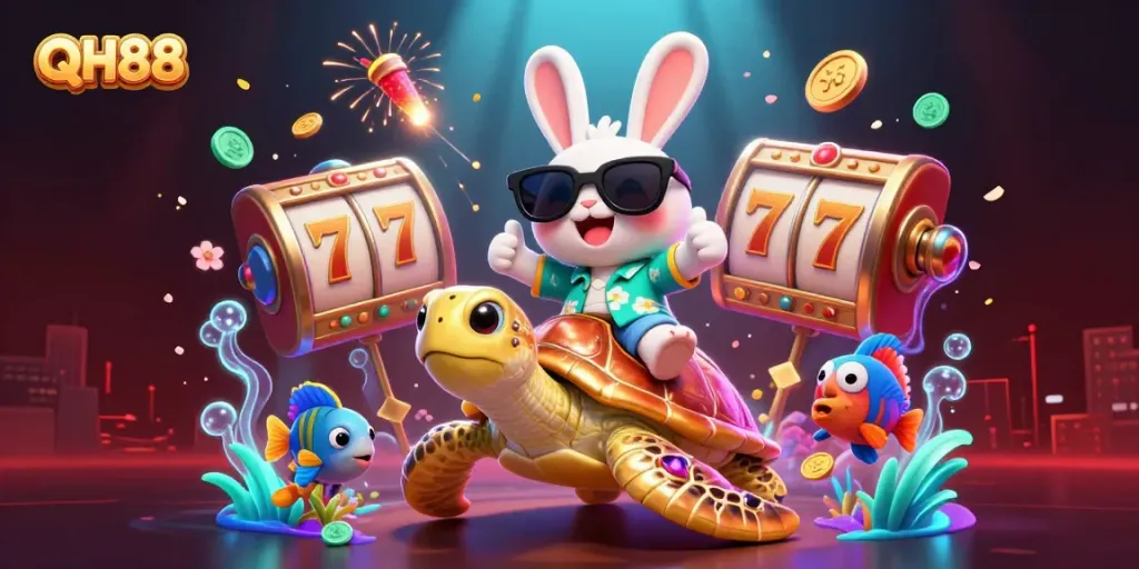 Engage in thrilling gameplay with QH88 in a vibrant 3D casino scene featuring lucky characters.
