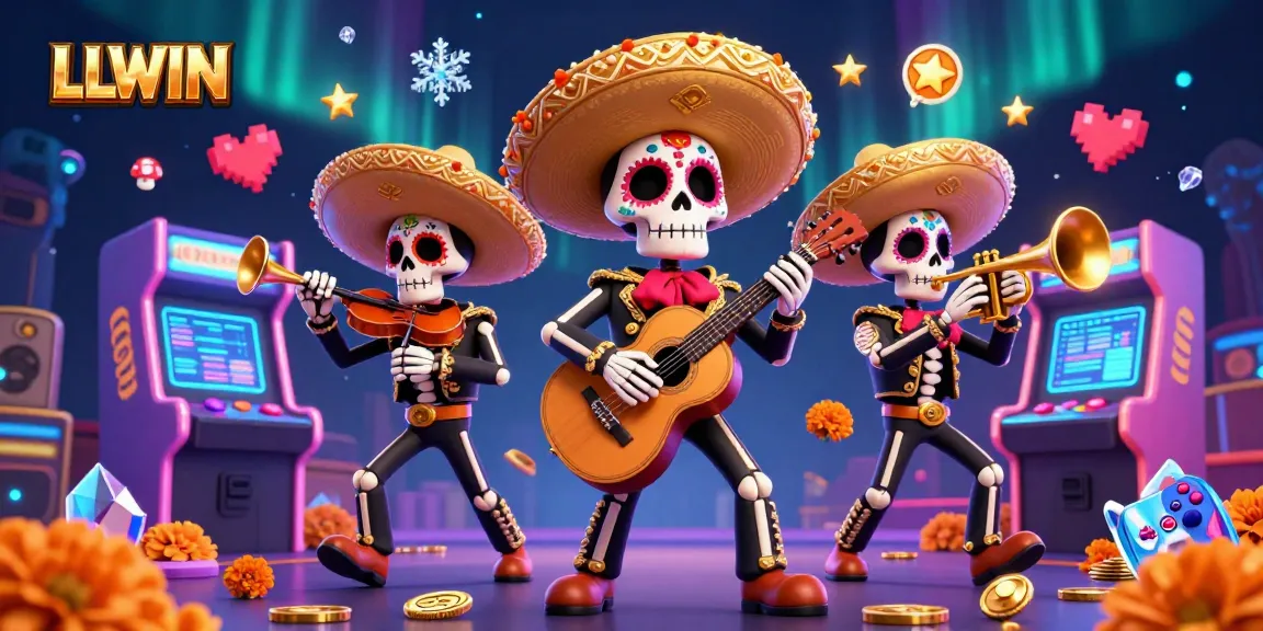Experience high-energy gameplay with LLWIN's vibrant casino-themed Dia de los Muertos illustration.