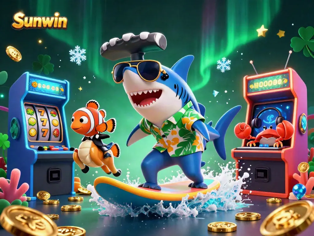 Experience the thrill of Sunwin with a cartoon shark surfing on gold coins in this vibrant casino-themed illustration.